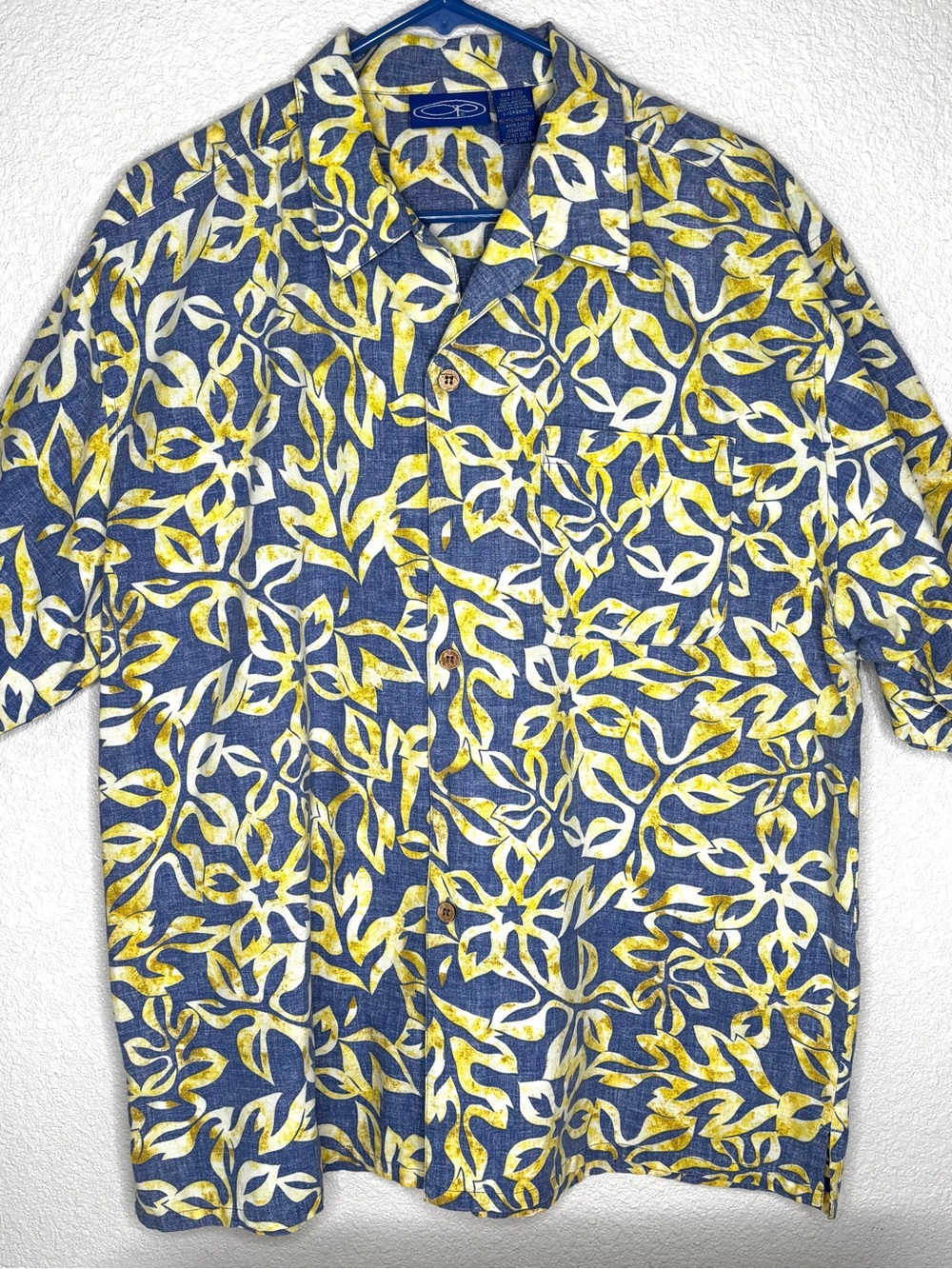 Ocean Pacific Large Vintage 90’s Blue and Yellow Tropical Print Camp Shirt